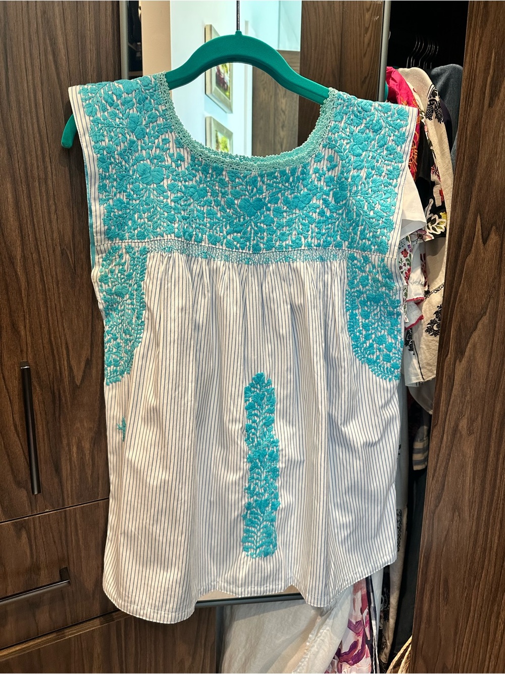 Mi Golondrina White Striped Sleeveless Top with Turquoise Embroidery